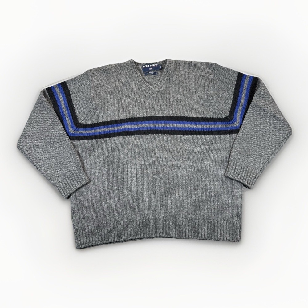 Vintage Polo Sport Ralph Lauren Sweater Mens XXL Lambswool V Neck Gray Striped